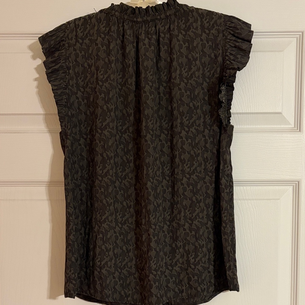 Anthropologie Current Air Dark Olive Ruffle Sleeve V-Neck Blouse - Picture 3 of 8